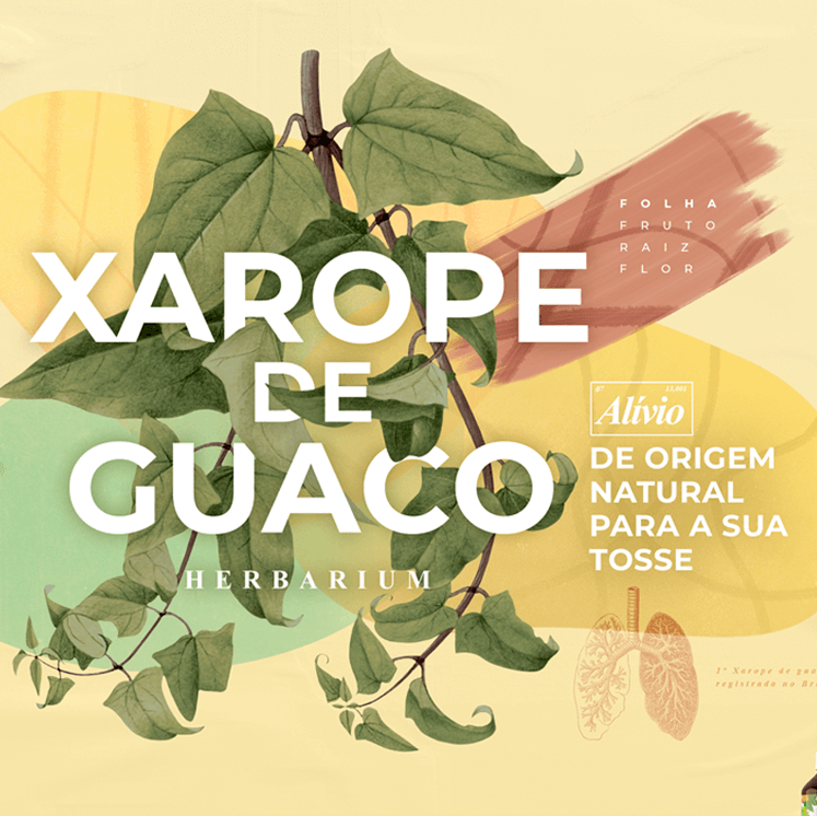 Peça publicitária desenvolvida pela VX Comunicação para a linha Clássicos Herbarium. Xarope de Guaco – Alívio de origem natural para a sua tosse.