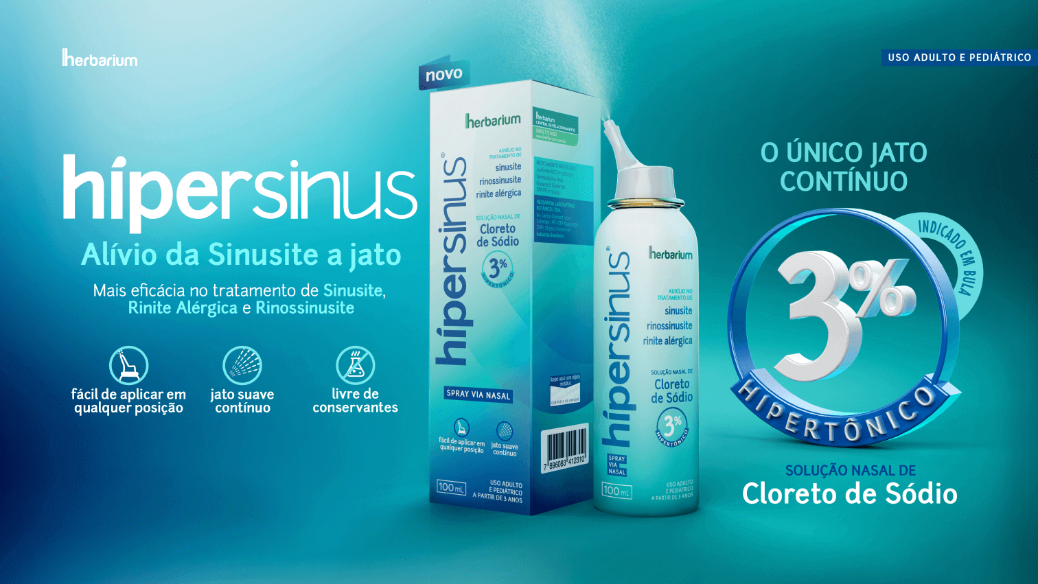 Banner de Hipersinus com caixa do produto e spray nasal ao lado em um fundo azulado. À direita, o texto: Único jato contínuo. Solução nasal de cloreto de sódio. À esquerda, o texto: Alívio da sinusite a jato. Mais eficácia no tratamento da sinusite, rinite alérgica e rinossinusite.