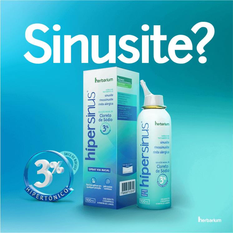 Caixa de Hipersinus com um frasco do medicamento ao lado, com fundo azul. Texto: Sinusite? 3% hipertônico.