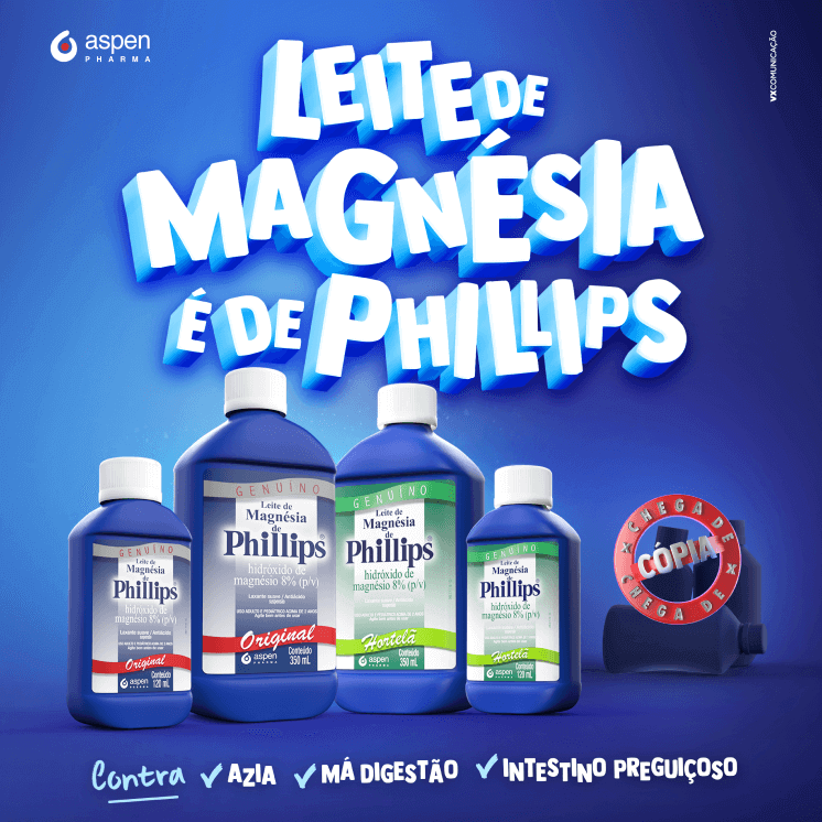 Imagens de frascos do Leite de Magnésia de Phillips, dois no sabor original e dois no sabor menta, sobre um fundo azul. Acima, o texto: Leite de Magnésia é de Phillips. À direita, o texto: Chega de cópias.