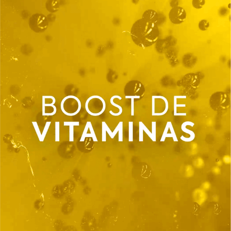 Peça publicitária em fundo amarelo com a frase: Boost de Vitaminas.