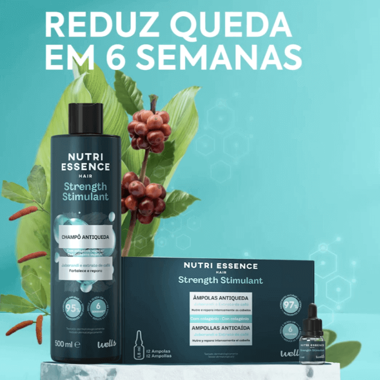 Dois produtos da Nutri Essence, lado a lado, sobre um fundo azul decorado com elementos naturais. No canto superior esquerdo, está o texto: Reduz queda em 6 semanas.