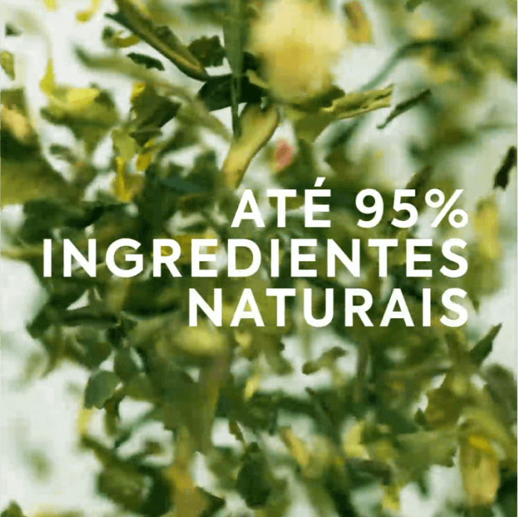 Em um fundo predominantemente formado por folhas, está o texto: Até 95% ingredientes naturais.